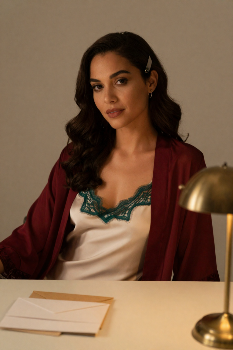 ChuhaiPay muse in an ivory silk slip dress with emerald lace and a sheer wine-red robe at a desk with blank envelopes